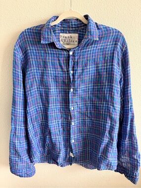 Frank & Eileen Linen Blue and Green Plaid Men’s Button-Down Shirt